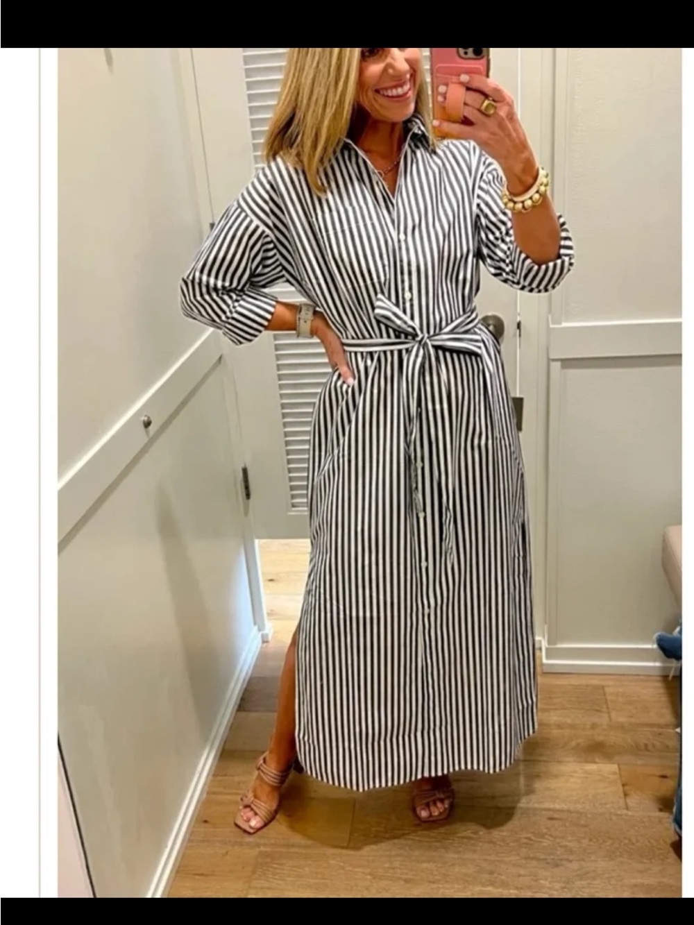 LOFT Grey/White Striped Poplin Belted Pocket Shirtdress size Large - Picture 2 of 12